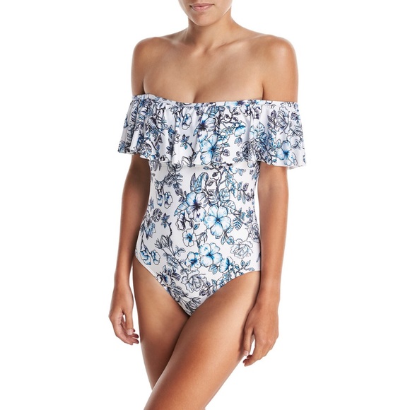 Athena Other - ⬇️Athena Blue&white floral off shoulder swim suit